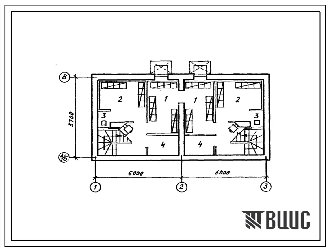 Типовой проект П-4-50(144-12-197.83) Хозяйственные помещения подвала двухэтажного жилого дома на две пятикомнатные квартиры 5Б в двух уровнях (с вариантом набора квартир 4Б, 6Б), (убежище на 50 человек, размеры убежища 12м на 5,7м, режимы вентиляции 1,2).