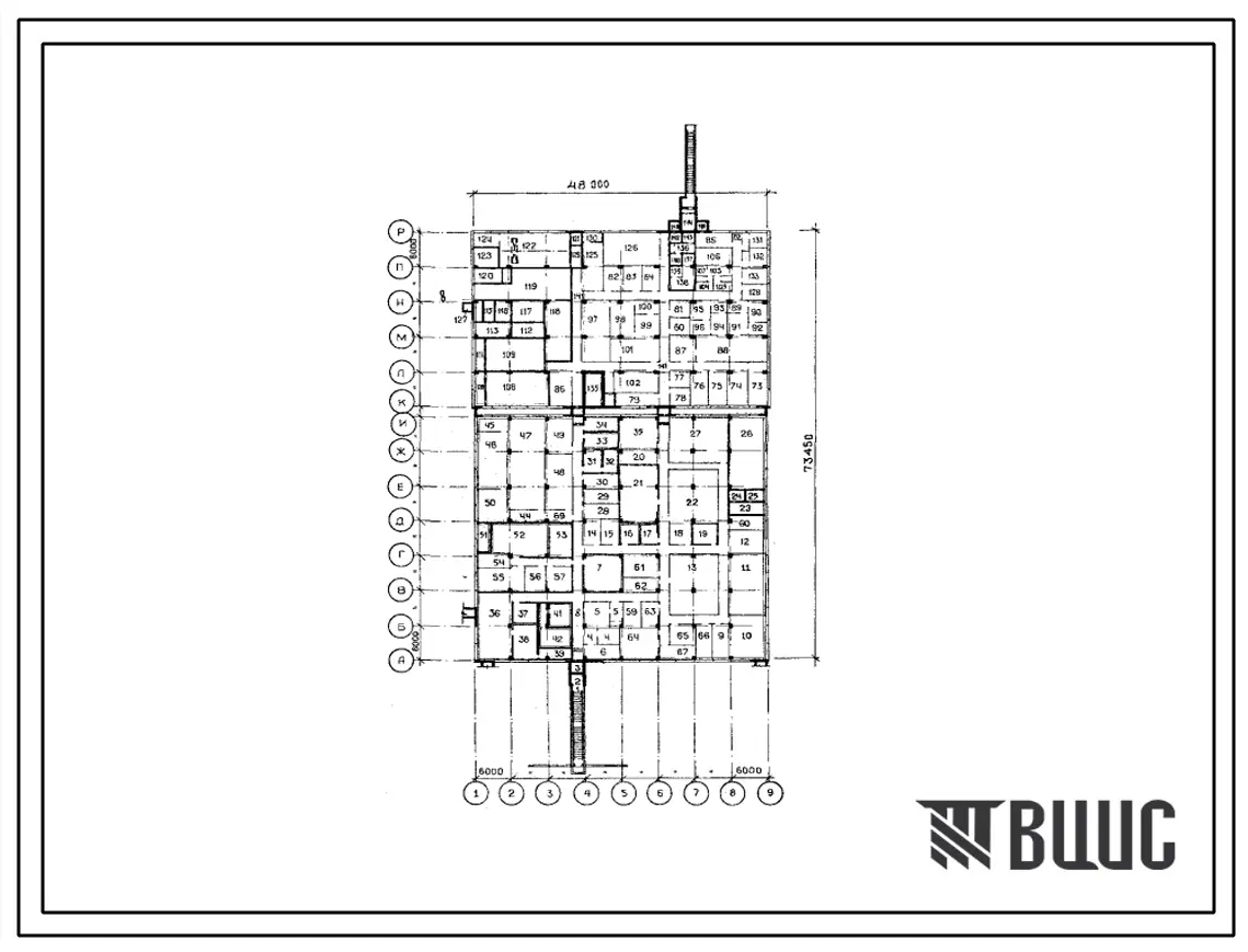 Типовой проект В-IV-75-47.88 Заглубленное здание вспомогательного назначения. Стены из железобетонных панелей по серии У-01-01/80. (убежище на 75 человек, размеры убежища 73,45м на 48м, режимы вентиляции 1,2,3).