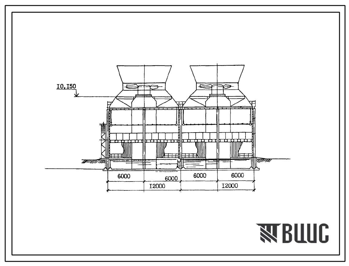 Типовой проект 901-6-71.85 Градирня двухсекционная с вентиляторами 2ВГ70 пленочная с секциями площадью 144 м.кв со стальным каркасом