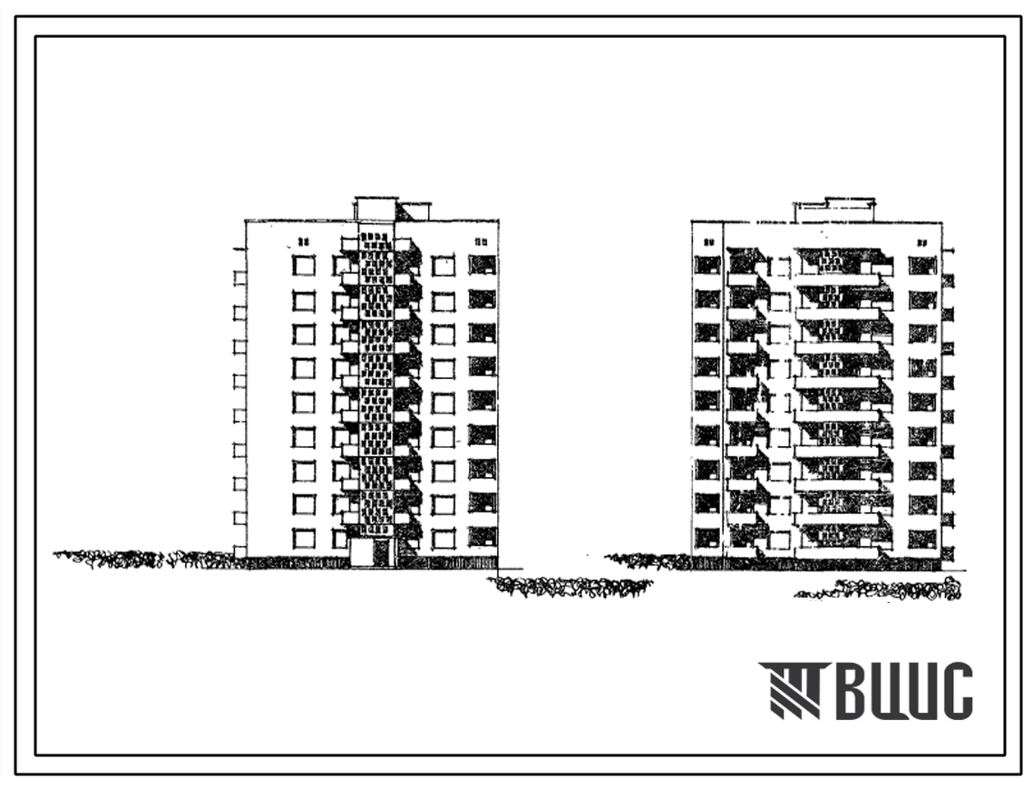 Типовой проект 67-027с 9-этажная блок-секция торцевая правая на 36 квартир (двухкомнатных 2Б-27, трехкомнатных 3А-9). Для строительства в 3Б климатическом подрайоне сейсмичностью 7 баллов