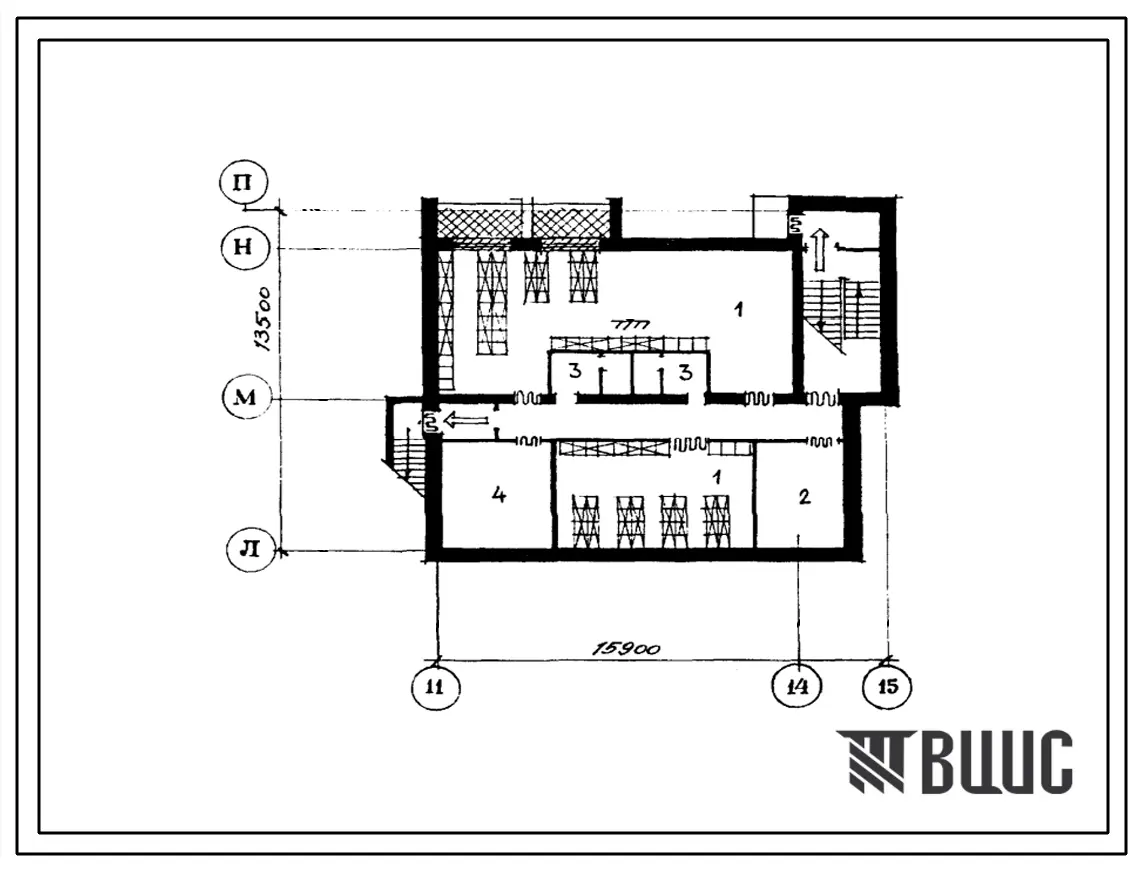 Типовой проект Б-2-150(274-30-101) Хозяйственно-бытовые помещения, приспосабливаемые под ПРУ в подвале торгового центра, (убежище на 150 человек, размеры убежища 15,9м на 13,5м, режимы вентиляции 1,2).