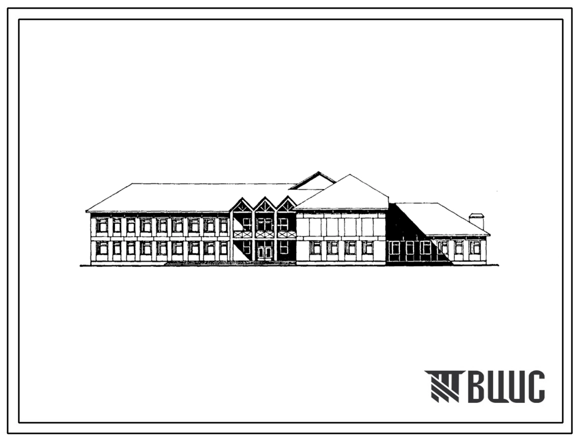 Типовой проект 213-02-197.89 Кооперированное здание яслей – сада на 50 мест и неполной средней школы на 9 классов (108 учащихся). Здание одно-, двухэтажное. Стены из крупных легкобетонных блоков.