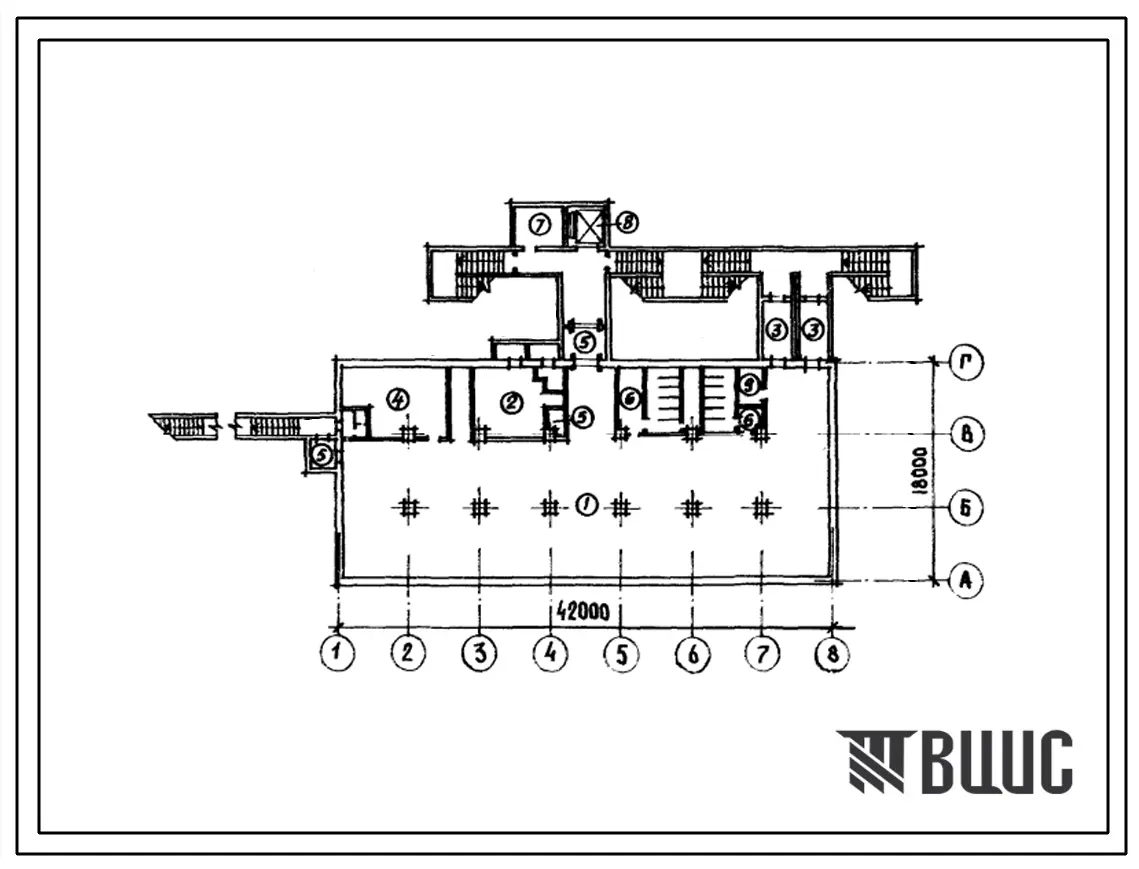 Типовой проект А-2-1200-241.83 Склад материалов и оборудования отдельно стоящий заглубленный (для сухих грунтов), (убежище на 1200 человек, размеры убежища 42м на 18м, режимы вентиляции 1,2).