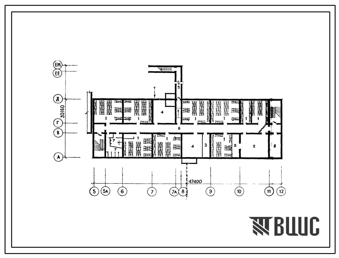 Типовой проект П-3-685(164-77-72сп 85) Помещения общественного назначения в подвале 4-этажного общежития на 200 мест для студентов и учащихся профтехучилищ, (убежище на 685 человек, размеры убежища 47,4м на 30,16м, режимы вентиляции 1,2).