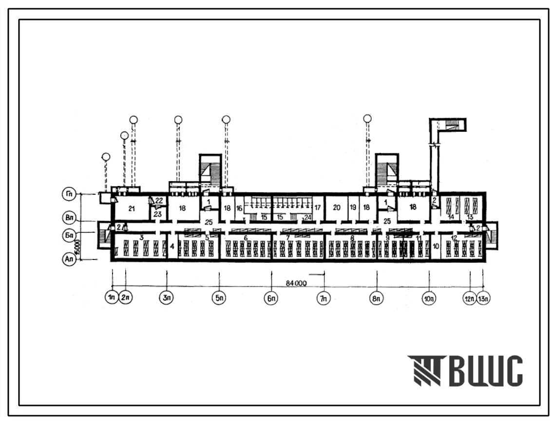 Типовой проект А-IV-1125-408.13.87 Универсальные помещения общественного назначения в подвале 9-этажных жилых домов,скомпонованных из блок-секций серии 76,146и 148, (убежище на 1125 человек, размеры убежища 84м на 15м, режимы вентиляции 1,2).