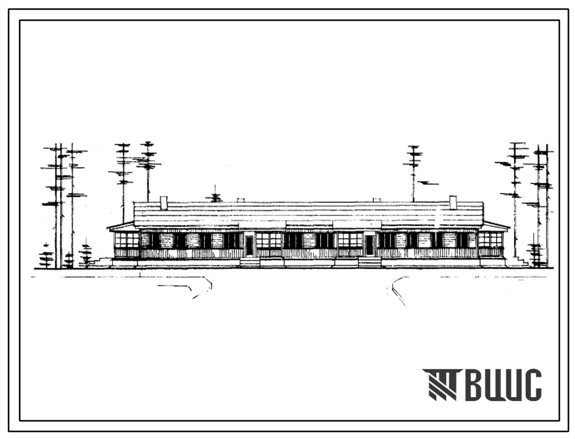Типовой проект 1-50Б-9 Одноэтажный четырехквартирный жилой дом с 2-3-х комнатными квартирами с полным благоустройством, стены брусчатые.