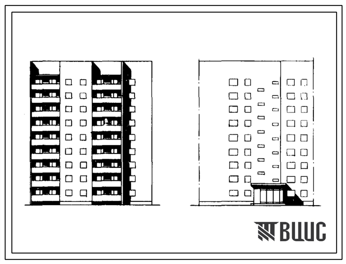 Типовой проект 124-025/1 Девятиэтажная блок-секция поворотная правая тип «Б» на 36 квартир (однокомнатных 1А — 18, двухкомнатных 2Б — 9, трехкомнатных 3Б — 9). Для строительства во IIВ климатическом подрайоне.