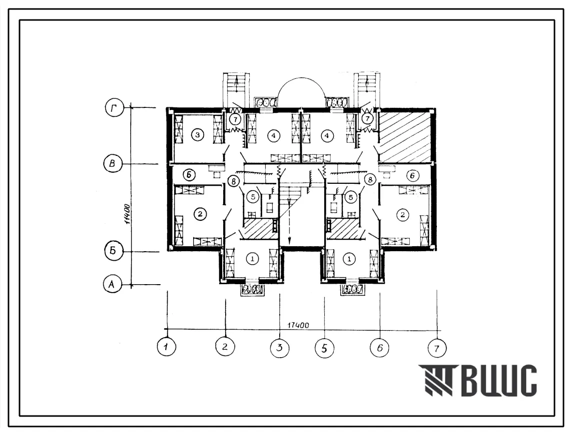Типовой проект П-5-90(210-053.13.89) Хозяйственные помещения в подвале блок-секции рядовой переменной этажности с 1-2-3-х комнатными квартирами, (убежище на 90 человек, размеры убежища 17,4м на 11,4м, режимы вентиляции 1,2).
