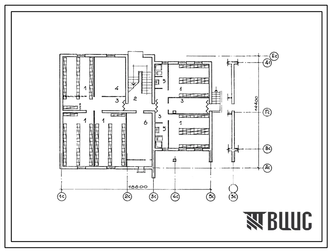 Типовой проект П-2-230(42-0181с.13.87) Подсобные помещениями подвала 2-этажной 6-квартирной торцовой блок-секции Т-1.2.2, (убежище на 230 человек, размеры убежища 18,6м на 14,4м, режимы вентиляции 1,2,3).