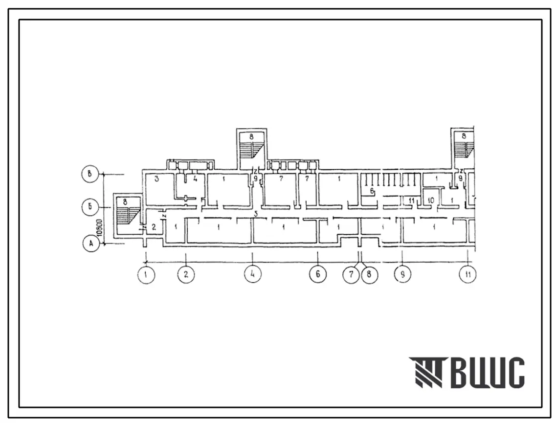 Типовой проект А-IV-1600(113-87-70.3.87) Помещения общественного назначения, размещаемые в подвале 5 этажного шестисекционного дома на 89 квартир, (убежище на 1600 человек, размеры убежища 103,84м на 10,5м, режимы вентиляции 1,2).