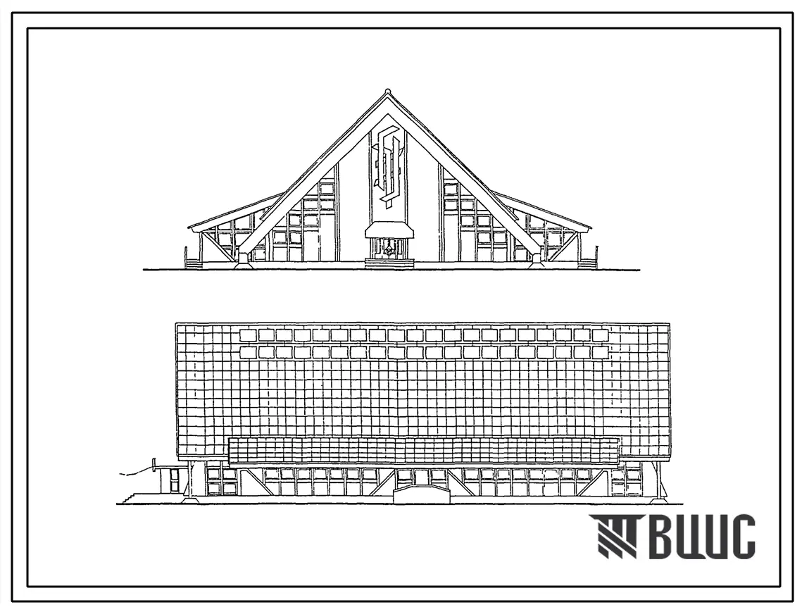 Типовой проект 291-8-22.88 Спортивно-оздоровительный комплекс с залом 36х18 м (в прямолинейных деревянных клееных конструкциях). Здание одноэтажное. Стены из панелей с деревянным каркасом, утеплителем из минераловатных плит.