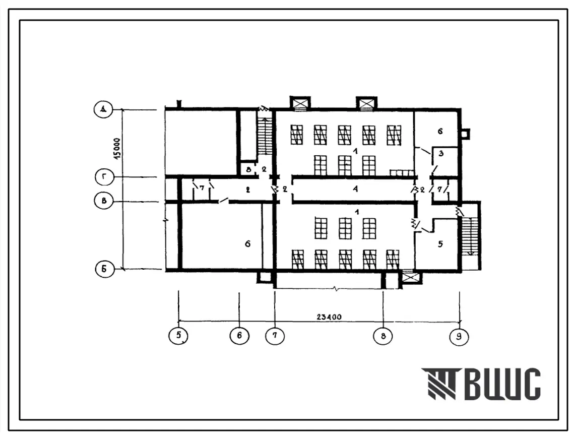 Типовой проект П-4-152(223-1-511.2.13.87) Помещения общественного назначения, размещаемые в подвале школы на 11 классов (132 учащихся), (убежище на 152 человек, размеры убежища 15м на 23,4м, режимы вентиляции 1,2).