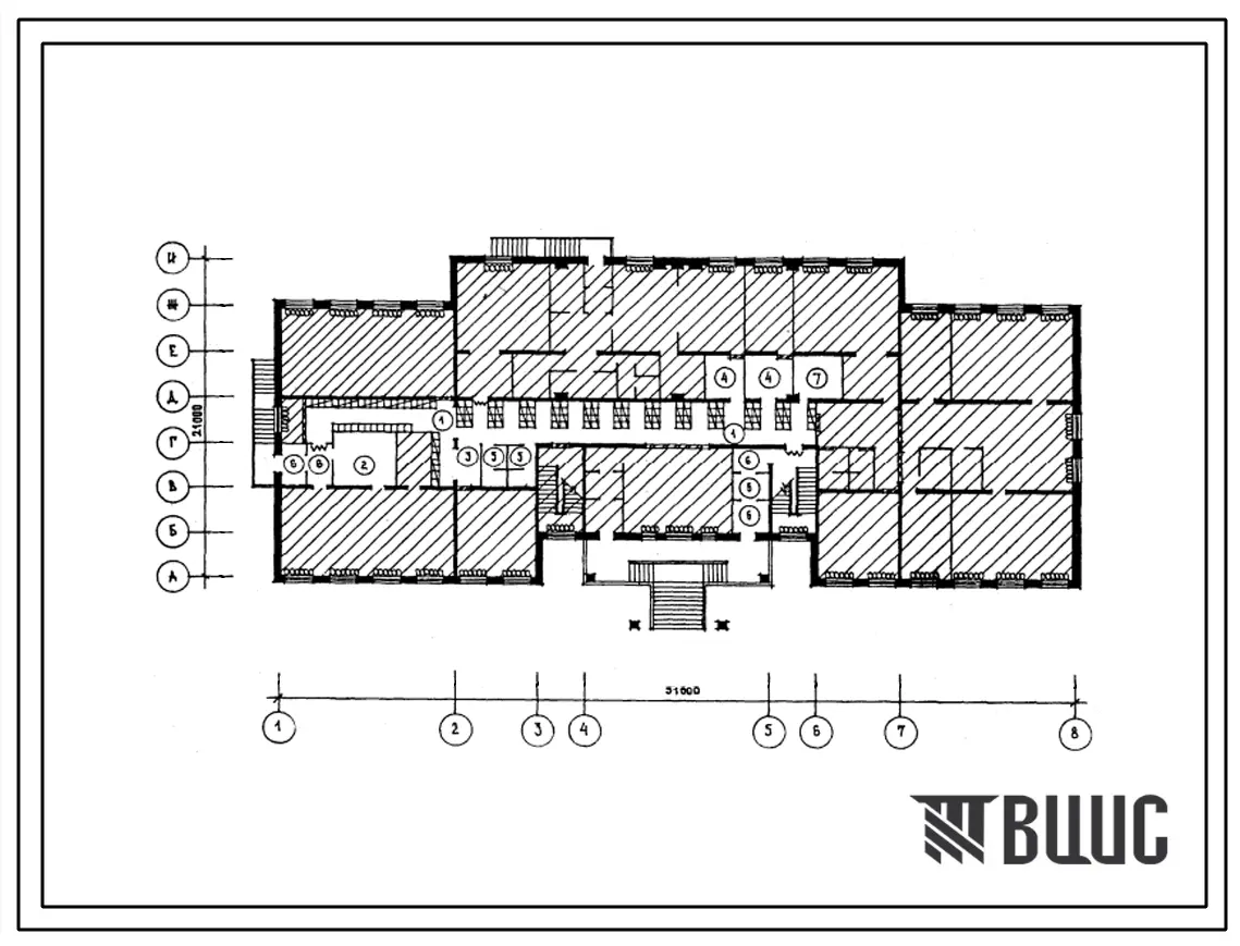 Типовой проект П-4-162(221-01-646м.88) Хозяйственно-бытовые помещения 1 этажа школы на 11 классов (132 учащихся), (убежище на 162 человек, размеры убежища 51м на 21м, режимы вентиляции 1,2).