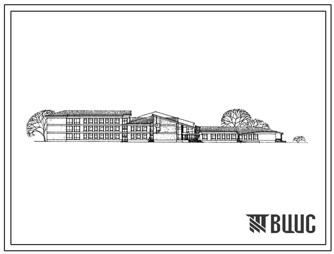Типовой проект 223-01-606.88 Школа на 18 классов (694 учащихся). Здание одно-, двух-, трехэтажное. Стены из крупных легкобетонных блоков.