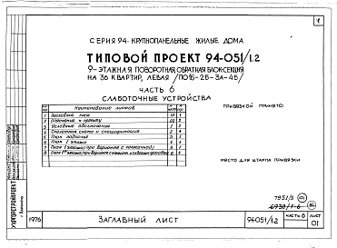 Состав альбома. Типовой проект 94-051/1.2Альбом 5 Часть 1 Архитектурно-строительные чертажи выше отм.0.000. Часть 2 Отопление и вентиляция Раздел 2-1 С радиаторами и конвекторами. Часть 3 Водопровод и канализация. Часть 4 Газоснабжение. Часть 5 Электрооборудование. Часть 6 Слаботочные устройств