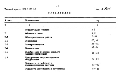 Состав альбома. Типовой проект 705-1-174.85Альбом 2 Смета и ведомости потребности в материалах