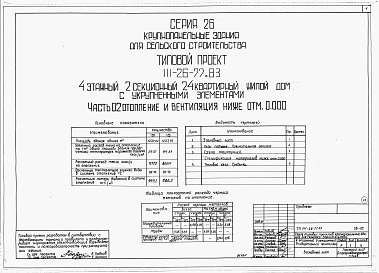 Состав альбома. Типовой проект 111-26-77.83Альбом 1 Части 0, 01, 02, 03, 1, 2, 3, 4, 5, 6 Общая часть. Архитектурно-строительные чертежи ниже отм. 0,000. Отопление и вентиляция ниже отм. 0,000. Водопровод и канализация ниже отм. 0,000. Архитектурно-строительные чертежи выше отм. 0,000. Отопление и