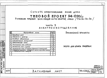 Состав альбома. Типовой проект 94-020/1.2Альбом 5 Часть 01 Архитектурно-строительные чертежи выше отм.0.000.  Часть 2 Отопление и вентиляция Раздел 2-1 С радиаторами и конвекторами. Часть 3 Водопровод и канализация. Часть 4 Газоснабжение. Часть 5 Электрооборудование. Часть 6 Слаботочны