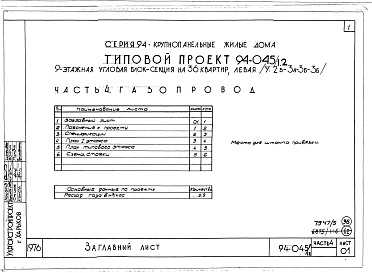 Состав альбома. Типовой проект 94-045/1.2Альбом 5 Часть 1 Архитектурно-строительные чертежи выше отм.0.000. Часть 2.86 Отопление и вентиляция Раздел 2-1.86 С радиаторами и конвекторами. Часть 3.86 Водопровод и канализация. Часть 4 Газопровод. Часть 5.86 Электрооборудование ниже и выше отм.0.000.