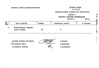 Состав альбома. Типовой проект 320-61Альбом 2. Заказные спецификации.