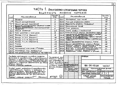 Состав альбома. Типовой проект 181-94-113.84Альбом 1 Часть 1 Архитектурно-строительные чертежи. Часть 2 Санитарно-технические, электротехнические чертежи