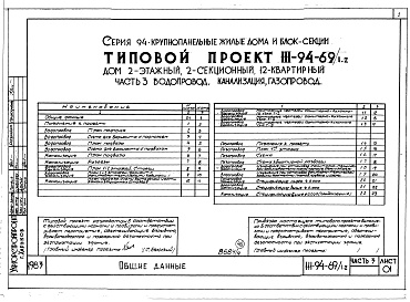 Состав альбома. Типовой проект 111-94-69/1.2Альбом 5 Часть 1 Архитектурно-строительные чертежи выше отм.0.000. Часть 2 Отопление и вентиляция Раздел 2-1 С радиаторами и конвекторами. Часть 3 Водопровод, канализация, газопровод. Часть 5 Электрооборудование. Часть 6 Слаботочные устьройства