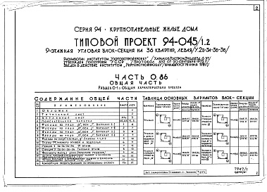 Состав альбома. Типовой проект 94-045/1.2Альбом 1 Часть 0.86 Общая часть Раздел 0-1.86 Общая характеристика проекта
