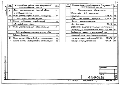Состав альбома. Типовой проект 416-5-39.89Альбом 2 Технология производства. Отопление и вентиляция. Водоснабжение и канализация. Силовое электрооборудование. Электрическое освещение. Связь и сигнализация