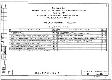 Состав альбома. Типовой проект 81-06/1.2Альбом 18 Изделия заводского изготовления. Металлические изделия. Часть 10, раздел 10.4-1, 10.4-2 