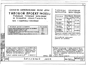 Состав альбома. Типовой проект 94-020/1.2Альбом 5 Часть 01 Архитектурно-строительные чертежи выше отм.0.000.  Часть 2 Отопление и вентиляция Раздел 2-1 С радиаторами и конвекторами. Часть 3 Водопровод и канализация. Часть 4 Газоснабжение. Часть 5 Электрооборудование. Часть 6 Слаботочны