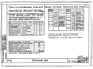 Состав альбома. Типовой проект 94-016/1.2Альбом 3 Часть 0-1 Архитектурно-строительные чертежи ниже отм.0.000 Раздел 01-1 Для обычных условий строительства. Часть 03 Водоснабжение и канализация ниже отм.0.000 Раздел 03-1 Для обычных условий строительства