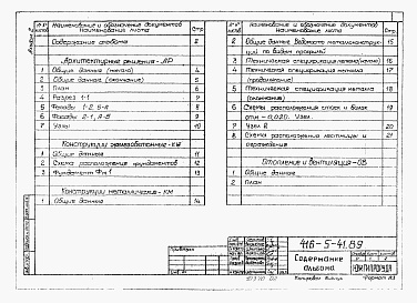 Состав альбома. Типовой проект 416-5-41.89Альбом 2   Архитектурные решения. Конструкции железобетонные. Конструкции металлические. Отопление и вентиляция. Силовое электрооборудование. Электрическое освещение. Связь и сигнализация.     