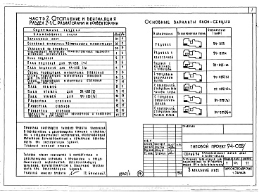 Состав альбома. Типовой проект 94-055/1.2Альбом 4 Часть 1 Архитектурно-строительные чертежи выше отм.0.000. Часть 2 Отопление и вентиляция Раздел 2-1 С радиаторами и конвекторами. Часть 3 Водопровод и канализация. Часть 4 Газопровод. Часть 5 Электрооборудование. Часть 6 Слаботочные устройства