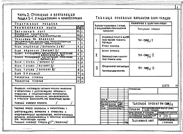 Состав альбома. Типовой проект 94-088/1.2Альбом 5 Часть 1 Архитектурно-строительные и технологические чертежи выше отм.0.000.  Часть 2 Отопление и вентиляция Раздел 2-1 с радиаторами и конвекторами. Часть 3 Водопровод, канализация и газопровод.  Часть 5 Электрооборудование. Ч