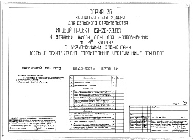Состав альбома. Типовой проект 151-26-73.83Альбом 1 Части 0, 01, 02, 03, 1, 2, 3, 4, 5, 6 Общая часть. Архитектурно-строительные чертежи ниже отм. 0,000. Отопление и вентиляция ниже отм. 0,000. Водопровод и канализация ниже отм. 0,000. Архитектурно-строительные чертежи выше отм. 0,000. Отопление и