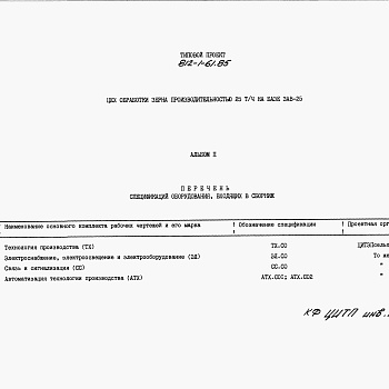 Состав фльбома. Типовой проект 812-1-61.85Альбом 2. Спецификации оборудования. 