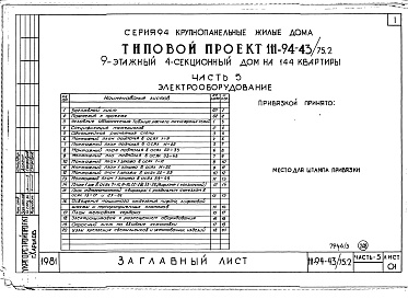 Состав альбома. Типовой проект 111-94-43/75.2Альбом 9 Часть 5 Электрооборудование