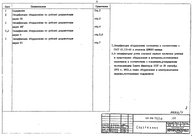 Состав альбома. Типовой проект 111-94-70/1.2Альбом 8 Спецификации оборудования