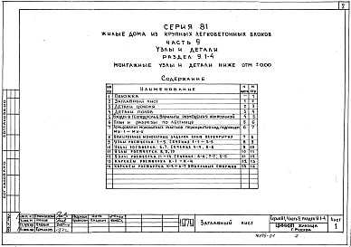 Состав альбома. Типовой проект 81-04/1.2Альбом 10 Узлы и детали. Монтажные узлы и детали ниже отм. 0.000. Часть 9, раздел 9.1-4