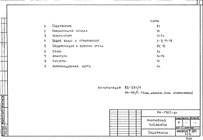 Состав альбома. Шифр РМ-1785 НакрывныеАльбом 1 Рабочие чертежи