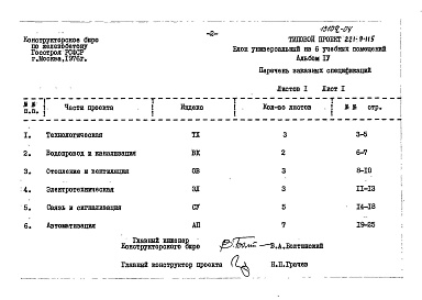 Состав альбома. Типовой проект 221-9-115Альбом 4 Заказные спецификации