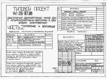 Состав альбома. Типовой проект 141-26-97.86Альбом 1 Части 0, 1, 2, 3, 5, 6 Общая часть. Архитектурно-строительные решения. Отопление и вентиляция. Внутренний водопровод и канализация. Электрооборудование. Связь и сигнализация 