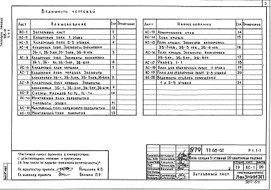 Состав альбома. Типовой проект 68-08Альбом 5 Р1.1-1 Архитектурно-строительная часть выше отм. 0.000