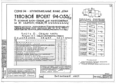 Состав альбома. Типовой проект 94-055/1.2Альбом 1 Часть 0 Общая часть Раздел 0-1 Общая характеристика проекта