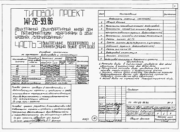 Состав альбома. Типовой проект 141-26-99.86 Альбом 1 Части 0, 1, 2, 3, 5, 6 Общая часть. Архитектурно-строительные решения. Отопление и вентиляция. Внутренний водопровод и канализация. Электрооборудование. Связь и сигнализация