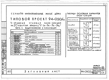 Состав альбома. Типовой проект 94-050/1.2Альбом 5 Часть 1 Архитектурно-строительные чертежи выше отм.0.000. Часть 2 Отопление и вентиляция Раздел 2-1 С радиаторами и конвекторами. Часть 3 Водоснабжение и канализация выше отм.0.000. Часть 4 Газоснабжение. Часть 5 Электроснабжение. Часть 6 Слабото