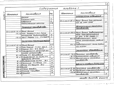 Состав альбома. Типовой проект 501-3-032.87Альбом 1 Пояснительная записка. Технология производства. Архитектурно-строительные решения. Электрическое освещение. Автоматизация технологии производства. Спецификации оборудования. Ведомости потребности в материалах      