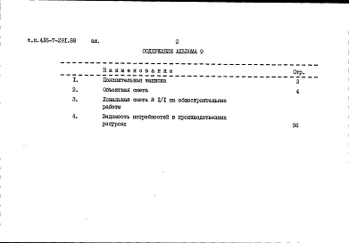Состав альбома. Типовой проект 416-7-291.88Альбом 9 Сметы. Книга 1