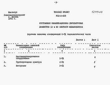 Состав альбома. Типовой проект 902-2-203Альбом 3 Заказные спецификации