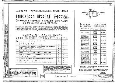 Состав альбома. Типовой проект 94-016/1.2Альбом 1 Часть 0 Общая часть Раздел 0-1 Общая характеристика проекта